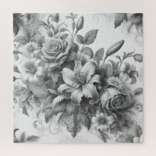 Zwart & Wit Antiek Bloemen Perfectie Legpuzzel