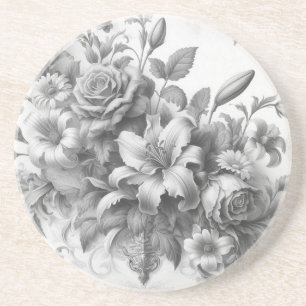 Zwart & Wit Antiek Bloemen Perfectie Zandsteen Onderzetter