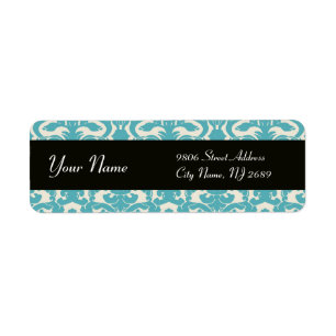 ZWART WIT AQUA BLAUW TEAL DAMAST ETIKET