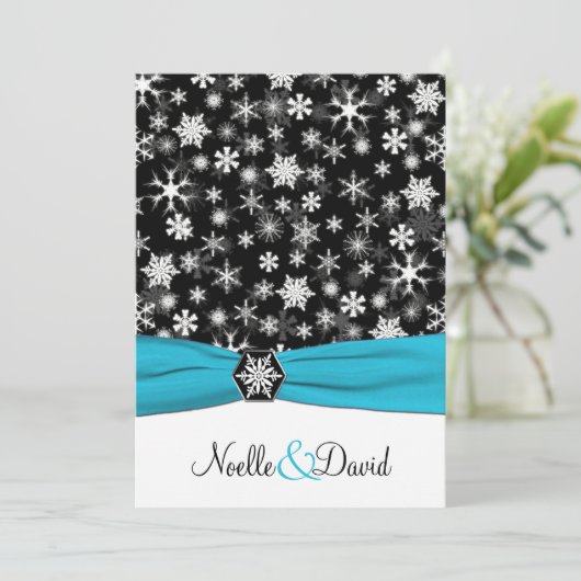 Zwart, Wit, Aqua Sneeuwvlokken Uitnodiging voor br (Staand voorkant)