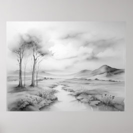 Zwart Wit Aquarel Mooi Landschap Poster