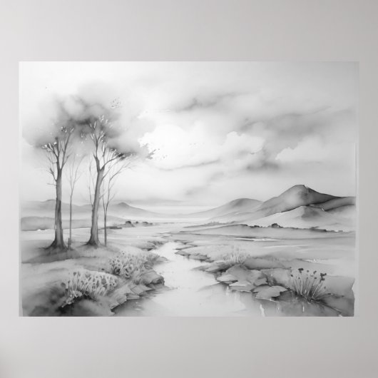 Zwart Wit Aquarel Mooi Landschap Poster (Voorkant)