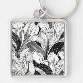 Zwart-wit Art Deco bloemensleutelhanger Sleutelhanger