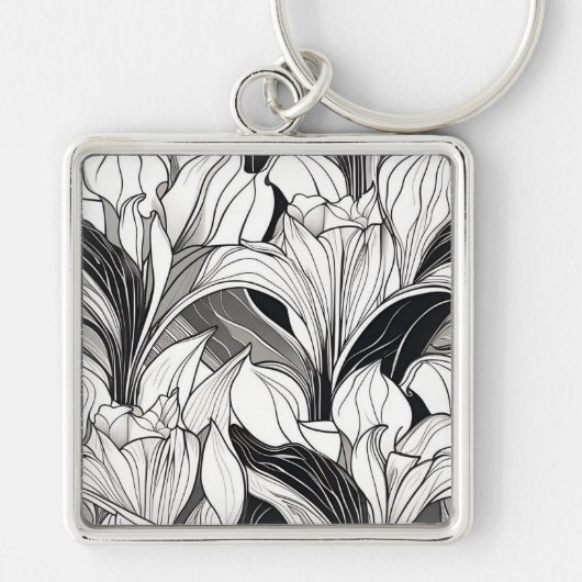 Zwart-wit Art Deco bloemensleutelhanger Sleutelhanger (Voorkant)