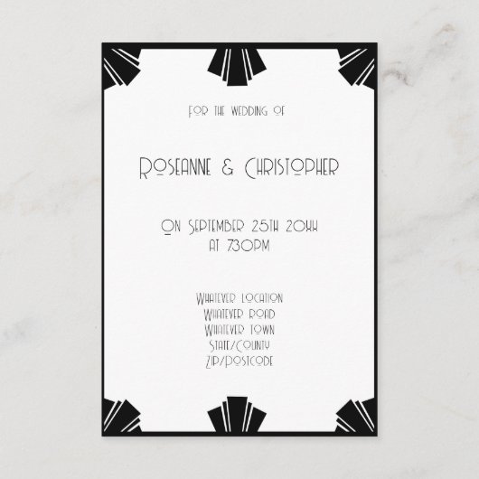 Zwart-wit Art Deco bruiloft receptie Informatiekaartje (Achterkant)