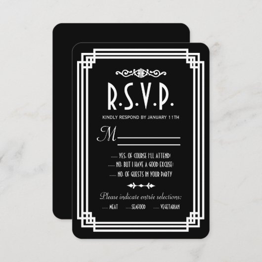 Zwart & Wit Art Deco Bruiloft RSVP Kaarten (Voorkant / Achterkant)