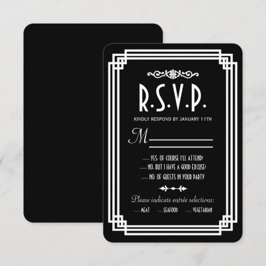 Zwart & Wit Art Deco Bruiloft RSVP Kaarten Kaartje (Voorkant / Achterkant)