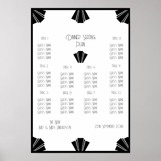 Zwart-wit Art Deco bruiloft zitplaatsen Poster (Voorkant)
