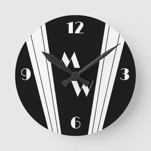 Zwart-wit Art Deco Design Monogrammen Ronde Klok (Voorkant)