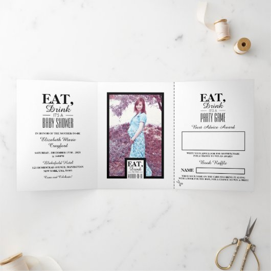 Zwart-wit art Deco Eat Drink Baby shower Suite Drieluik Uitnodiging (Binnen)