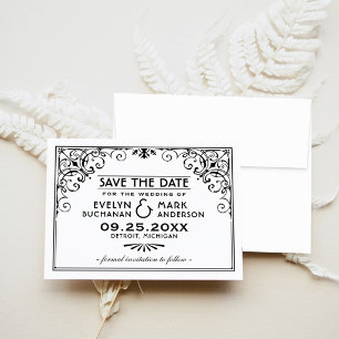 Zwart-wit Art Deco kader trouwkaart Save The Date