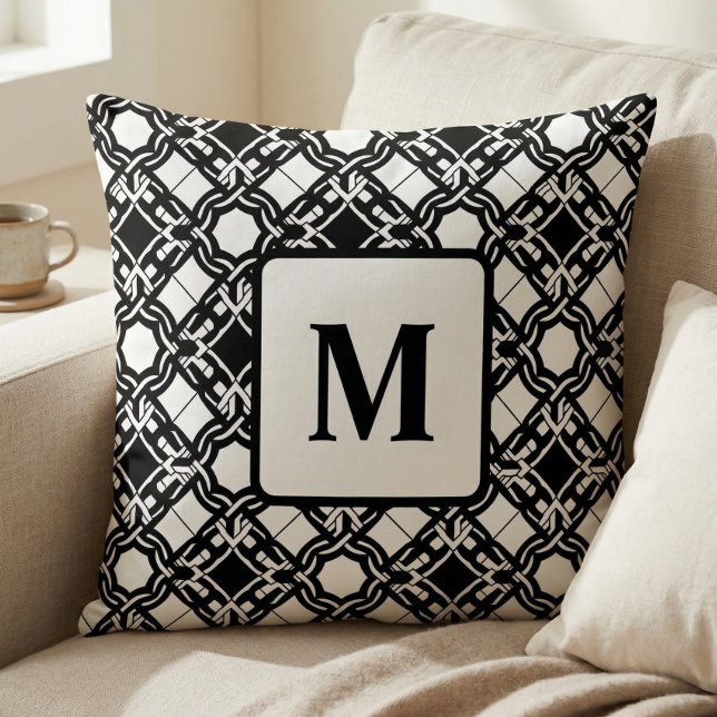 Zwart Wit Art Deco Monogram Patroon Kussen (Creator heeft geüpload)