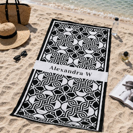 Zwart-wit Art Deco patroon monogram Strandlaken