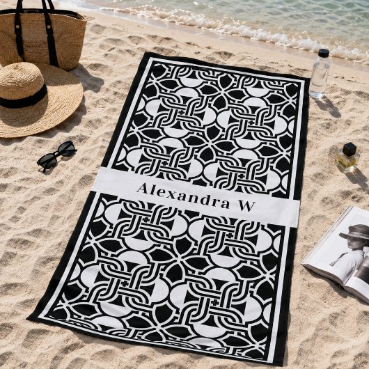 Zwart-wit Art Deco patroon monogram Strandlaken