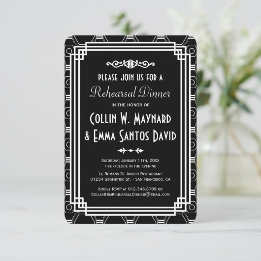 Zwart & Wit Art Deco repetitie diner uitnodigingen (Staand voorkant)