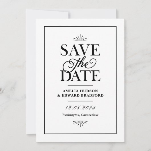 Zwart-wit art deco typografie save the date (Voorkant)