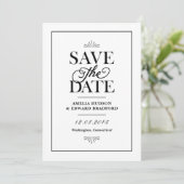 Zwart-wit art deco typografie save the date (Staand voorkant)