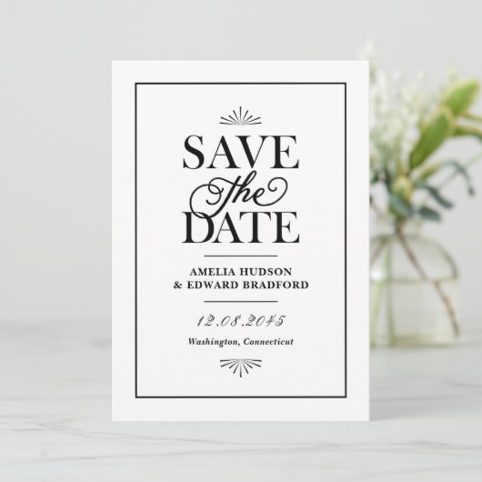 Zwart-wit art deco typografie save the date (Staand voorkant)