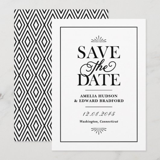 Zwart-wit art deco typografie save the date (Voorkant / Achterkant)