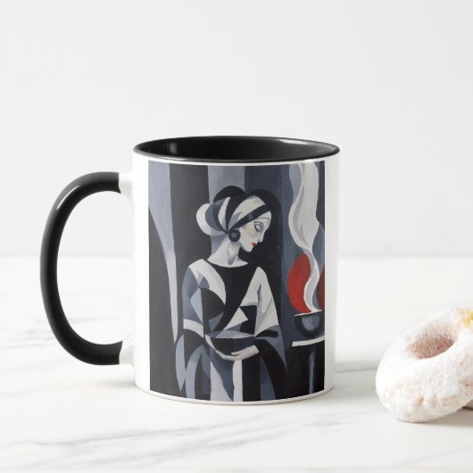 Zwart-wit Art Deco-vrouw Mok (Met donut)