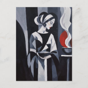 Zwart-wit Art Deco Vrouw Muurkunst Briefkaart