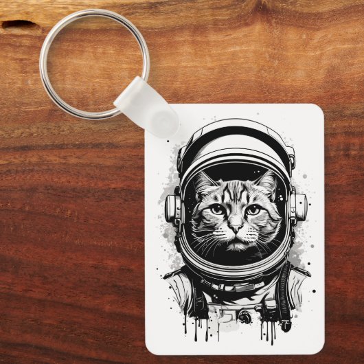 Zwart-wit Astronaut Kat Sleutelhanger (Voorkant)