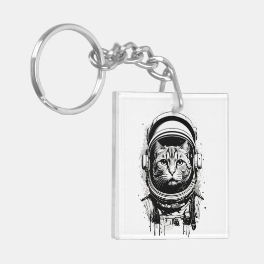 Zwart-wit Astronaut Kat Sleutelhanger (Voorkant Links)