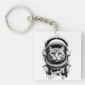 Zwart-wit Astronaut Kat Sleutelhanger (Voorkant)