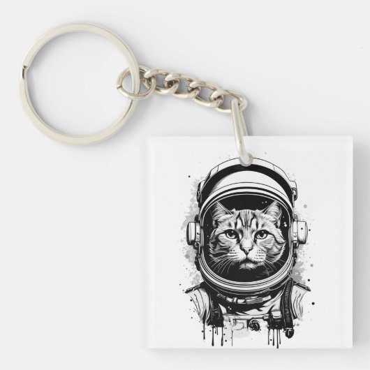 Zwart-wit Astronaut Kat Sleutelhanger (Voorkant)