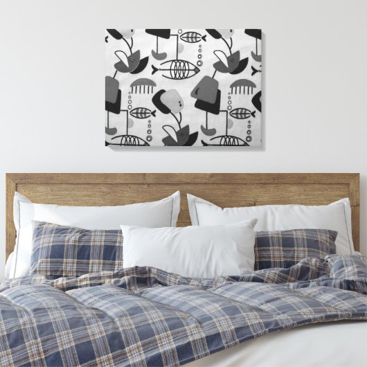 Zwart & Wit Atomic Patroon Canvas Print (Insitu (Slaapkamer))