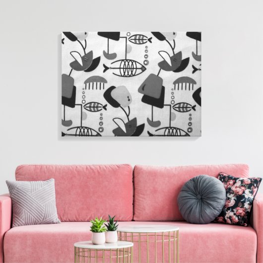 Zwart & Wit Atomic Patroon Canvas Print (Insitu (Woonkamer))