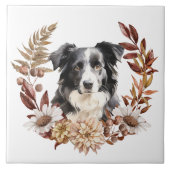 Zwart Wit Australisch Herder Hond Herfst krans Tegeltje (Voorkant)