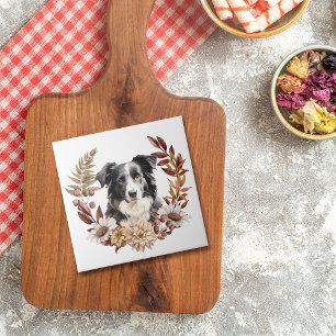 Zwart Wit Australisch Herder Hond Herfst krans Tegeltje