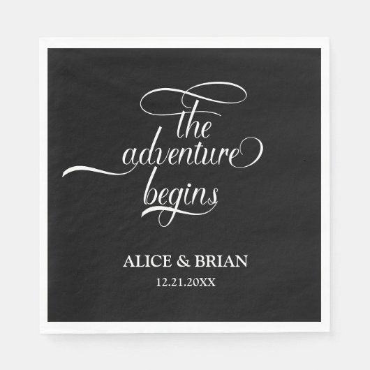 Zwart-wit avontuur begint bruiloft servet (Voorkant)