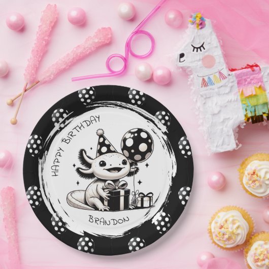 Zwart-wit Axolotl & Balloons Verjaardag Papieren Bordje (Feest)