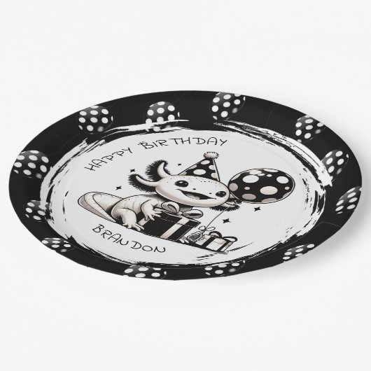 Zwart-wit Axolotl & Balloons Verjaardag Papieren Bordje (Gekanteld)