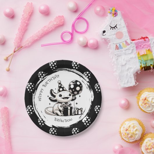 Zwart-wit Axolotl & Balloons Verjaardag Papieren Bordje (Feest)