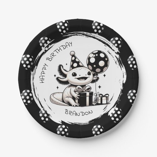 Zwart-wit Axolotl & Balloons Verjaardag Papieren Bordje (Voorkant)