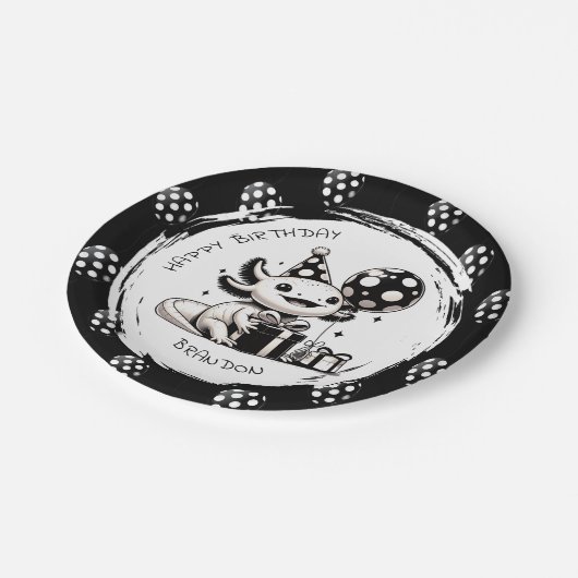 Zwart-wit Axolotl & Balloons Verjaardag Papieren Bordje (Gekanteld)