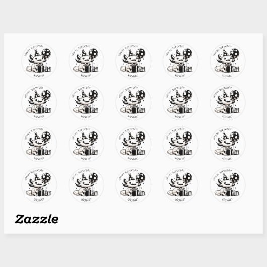 Zwart-wit Axolotl Verjaardagsfeest Personaliseren Ronde Sticker (Vel)
