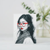 Zwart Wit Aziatisch Dame Portret Rode Lippen En Gl Briefkaart (Staand voorkant)