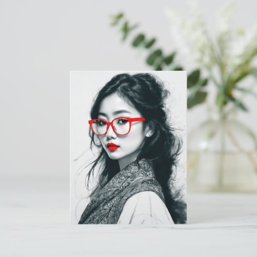 Zwart Wit Aziatisch Dame Portret Rode Lippen En Gl Briefkaart (Staand voorkant)