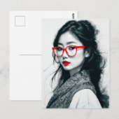 Zwart Wit Aziatisch Dame Portret Rode Lippen En Gl Briefkaart (Voorkant / Achterkant)