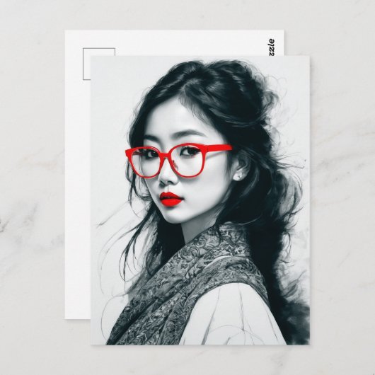 Zwart Wit Aziatisch Dame Portret Rode Lippen En Gl Briefkaart (Voorkant / Achterkant)