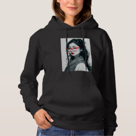 Zwart Wit Aziatisch Dame Portret Rode Lippen En Gl Hoodie