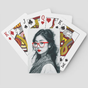 Zwart Wit Aziatisch Dame Portret Rode Lippen En Gl Pokerkaarten