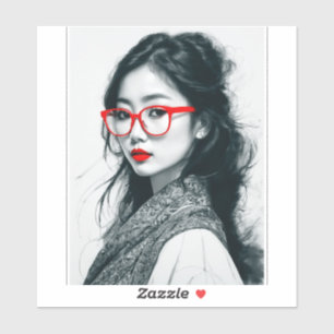 Zwart Wit Aziatisch Dame Portret Rode Lippen En Gl Sticker