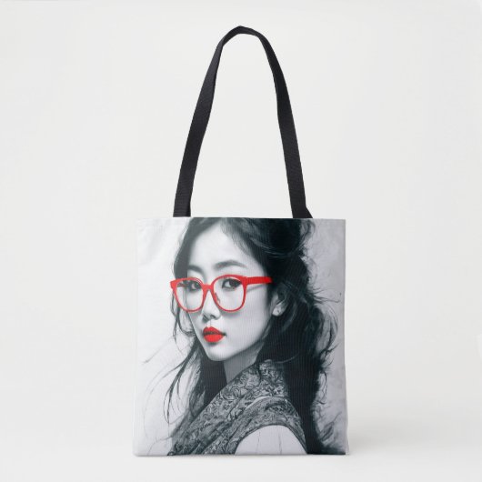 Zwart Wit Aziatisch Dame Portret Rode Lippen En Gl Tote Bag (Voorkant)