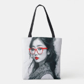Zwart Wit Aziatisch Dame Portret Rode Lippen En Gl Tote Bag (Achterkant)