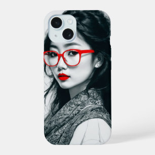 Zwart-Wit-Aziatisch Damesportret Rode Lippen En Gl iPhone 15 Case